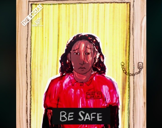 a young woman stands in front of a door and looks directly out at the audience, the title reads "Be Safe"